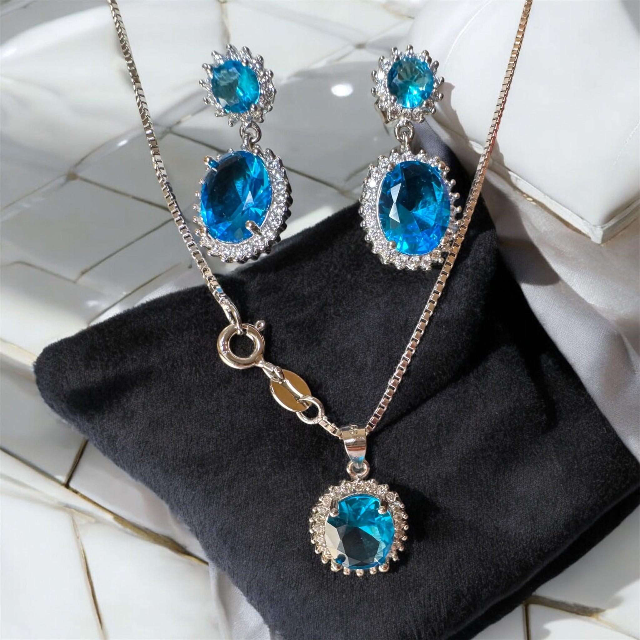 925 Silver Necklace and Earrings Set with Blue and White Stones